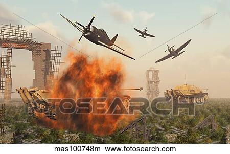 Stock Illustration - P-47 Thunderbolts attacking German Jagdpanther tanks during World War II.. Fotosearch