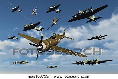 P-47 Thunderbolts escorting B-17 Flying Fortress bombers. View Large Illustration Stock Illustration - P-47 Thunderbolts escorting B-17 Flying Fortress bombers.. Fotosearch