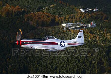 P-51 Cavalier Mustang with Supermarine Spitfire fighter warbirds. View Large Photo Image Picture - P-51 Cavalier Mustang with Supermarine Spitfire fighter warbirds.. Fotosearch