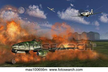 P-51 Mustang planes attacking a German Me 262 jetfighter airfield. View Large Illustration Stock Illustration - P-51 Mustang planes attacking a German Me 262 jetfighter airfield.. Fotosearch