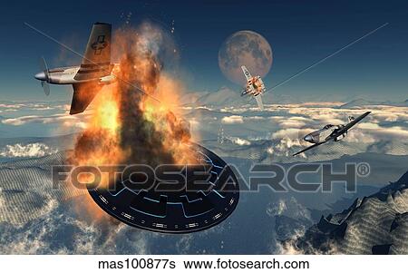 P-51 Mustangs attacking a flying saucer. View Large Illustration Stock Illustration - P-51 Mustangs attacking a flying saucer.. Fotosearch