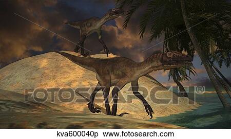Stock Illustration - Pair of Utahraptors hunting for food at sunset.. Fotosearch