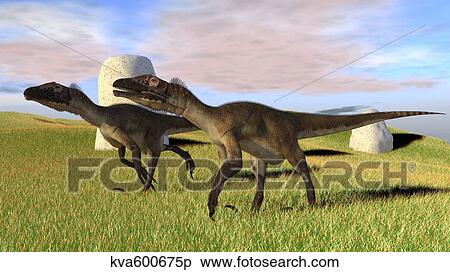 Pair of Utahraptors in a grassy field. View Large Illustration Stock Illustration - Pair of Utahraptors in a grassy field.. Fotosearch