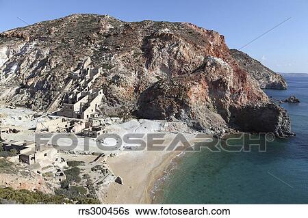 Stock Photograph - Paliorema sulfur mine and processing facility, Milos Island, Greece.. Fotosearch