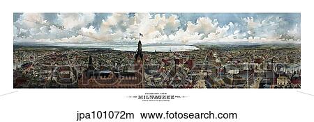 Stock Illustration - Panoramic view of Milwaukee, Wisconsin, taken from City Hall Tower.. Fotosearch