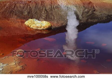 Stock Photograph - Papandayan acid lake with fumarole reflection, Java Island, Indonesia.. Fotosearch