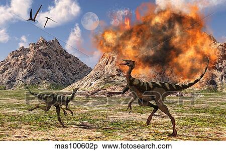 Pelecanimimus dinosaurs fleeing from a volcanic eruption. View Large Illustration Stock Illustration - Pelecanimimus dinosaurs fleeing from a volcanic eruption.. Fotosearch