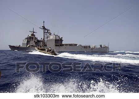 Picture - Personnel in an inflatable boat cruise alongside USS Gettysburg.. Fotosearch