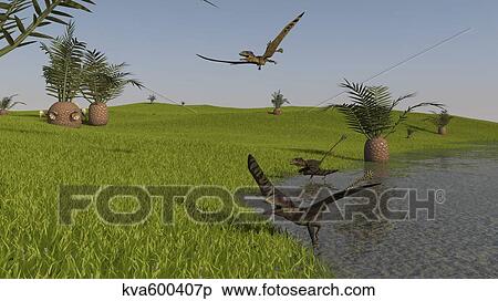 Peteinosaurus reptiles on the shore of a prehistoric environment. View Large Illustration Stock Illustration - Peteinosaurus reptiles on the shore of a prehistoric environment.. Fotosearch