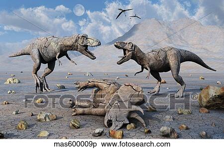 Petrified Tyrannosaurus rex and Triceratops dinosaurs. View Large Illustration Stock Illustration - Petrified Tyrannosaurus rex and Triceratops dinosaurs.. Fotosearch