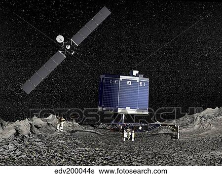 Stock Illustration - Philae lander on surface of a comet with Rosetta probe above.. Fotosearch