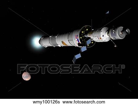 Stock Illustration - Phobos mission rocket brakes for Mars orbit.. Fotosearch
