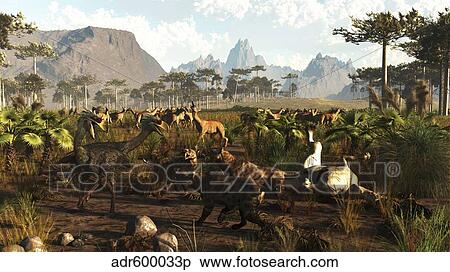 Stock Illustration - Phorusrhacos, Smilodons and Macrauchenia in ancient Argentina 2 million years ago.. Fotosearch