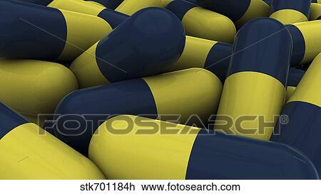 Pile of blue and yellow medication capsules. View Large Illustration Drawing - Pile of blue and yellow medication capsules.. Fotosearch