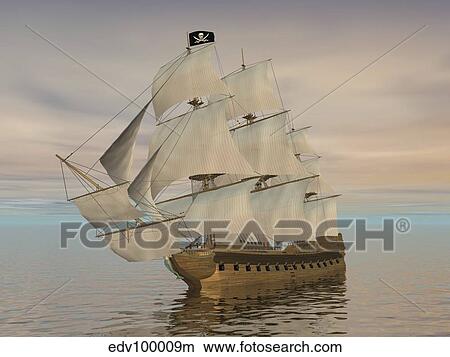 Pirate ship with black Jolly Roger flag sailing the ocean. View Large Illustration Stock Illustration - Pirate ship with black Jolly Roger flag sailing the ocean.. Fotosearch