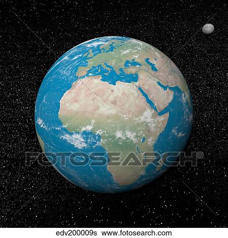 Stock Illustration - Planet Earth and moon surrounded with stars.. Fotosearch