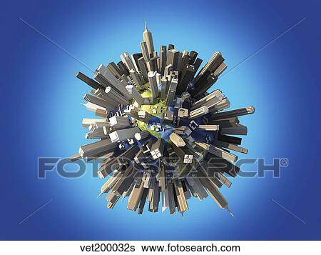 Planet Earth covered by huge skyscrapers and buildings. View Large Illustration Stock Illustration - Planet Earth covered by huge skyscrapers and buildings.. Fotosearch