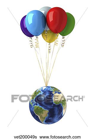 Planet Earth lifted by a bunch of flying multicolored balloons. View Large Illustration Stock Illustration - Planet Earth lifted by a bunch of flying multicolored balloons.. Fotosearch