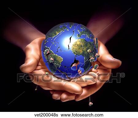 Stock Illustration - Planet Earth on human hands, breaking down and crumbling.. Fotosearch