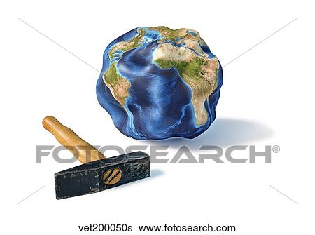 Planet Earth smashed by a hammer. View Large Illustration Stock Illustration - Planet Earth smashed by a hammer.. Fotosearch