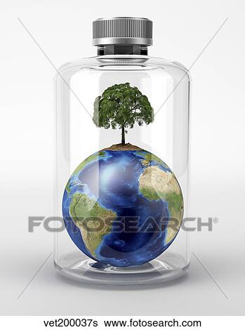 Stock Illustration - Planet Earth with a tree on top, inside a glass bottle.. Fotosearch