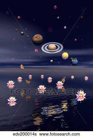 Stock Illustration - Planets of the solar system surrounded by lotus flowers and butterflies.. Fotosearch