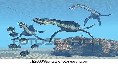 Stock Illustration - Plesiosaurus dinosaurs hunt a school of Dapedius fish.. Fotosearch