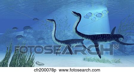 Stock Illustration - Plesiosaurus dinosaurs swimming the Jurassic seas.. Fotosearch