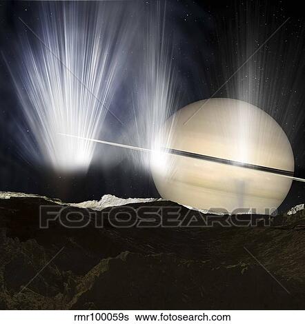 Stock Illustration - Plumes of ice crystals rise from geysers into the sunlight as dawn breaks on Enceladus.. Fotosearch