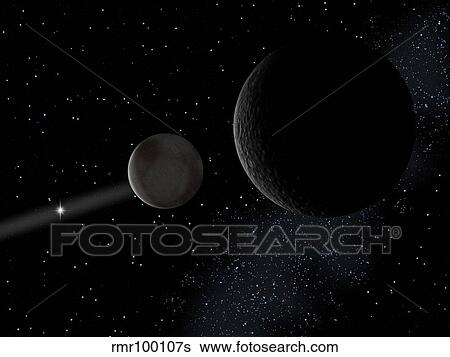 Stock Illustration - Pluto and it's moon Charon lie at the frontier of the solar system.. Fotosearch