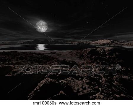 Stock Illustration - Pluto's moon, Charon, hovers above the frozen landscape of the icy planet.. Fotosearch