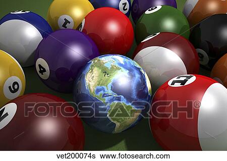 Pool table with balls and one of them as planet Earth. View Large Illustration Stock Illustration - Pool table with balls and one of them as planet Earth.. Fotosearch