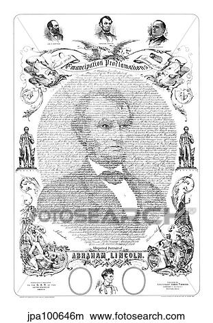 Stock Illustration - Portrait of Abraham Lincoln formed from the words of The Emancipation Proclamation.. Fotosearch