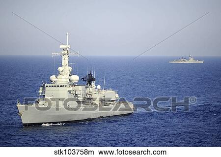 Picture - Portuguese navy frigate NRP Bartolomeu Dias in transit in the Mediterranean Sea.. Fotosearch