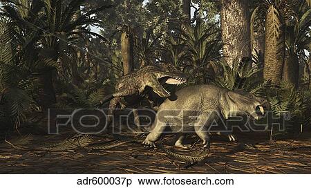 Stock Illustration - Postosuchus attacking a dicynodont in a Triassic forest.. Fotosearch