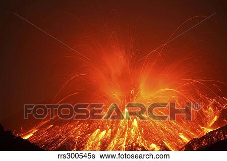 Stock Photograph - Powerful night time explosive eruption of Sakurajima volcano, Japan.. Fotosearch