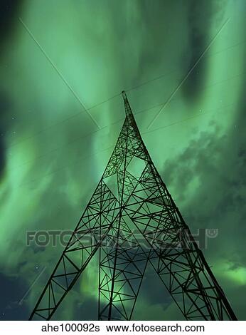 Powerlines and aurora borealis, Tjeldsundet, Norway. View Large Photo Image Stock Photograph - Powerlines and aurora borealis, Tjeldsundet, Norway.. Fotosearch