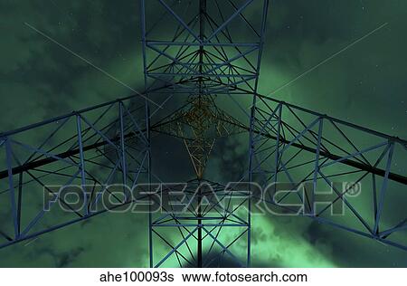 Powerlines and aurora borealis, Tjeldsundet, Norway. View Large Photo Image Stock Photograph - Powerlines and aurora borealis, Tjeldsundet, Norway.. Fotosearch