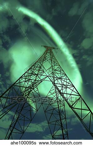 Powerlines and aurora borealis, Tjeldsundet, Norway. View Large Photo Image Stock Photograph - Powerlines and aurora borealis, Tjeldsundet, Norway.. Fotosearch