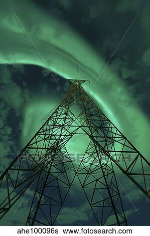 Powerlines and aurora borealis, Tjeldsundet, Norway. View Large Photo Image Stock Photograph - Powerlines and aurora borealis, Tjeldsundet, Norway.. Fotosearch