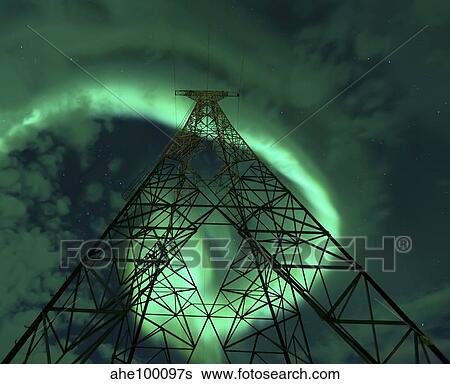 Powerlines and aurora borealis, Tjeldsundet, Norway. View Large Photo Image Stock Photograph - Powerlines and aurora borealis, Tjeldsundet, Norway.. Fotosearch