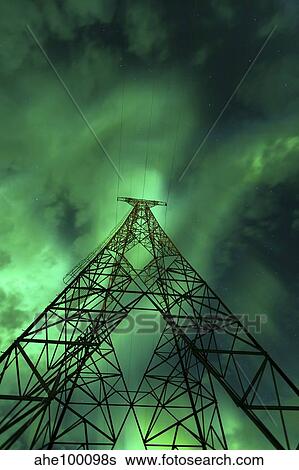 Powerlines and aurora borealis, Tjeldsundet, Norway. View Large Photo Image Stock Photograph - Powerlines and aurora borealis, Tjeldsundet, Norway.. Fotosearch