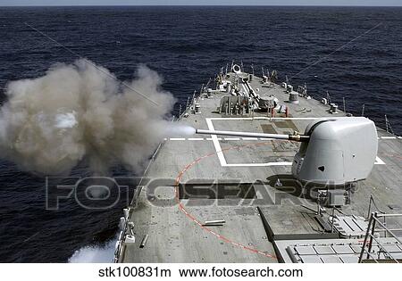 Pre-Action Calibration fire from the forward 5' Mk 54 gun aboard USS Donald Cook. View Large Photo Image Picture - Pre-Action Calibration fire from the forward 5' Mk 54 gun aboard USS Donald Cook.. Fotosearch