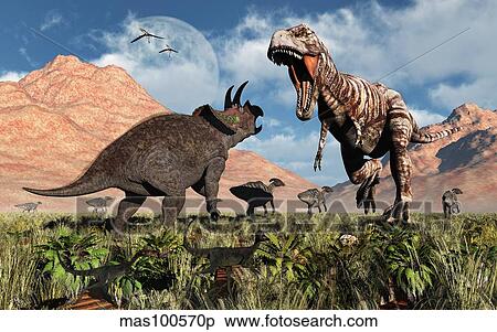 Prehistoric battle between a Triceratops and Tyrannosaurus Rex. View Large Illustration Stock Illustration - Prehistoric battle between a Triceratops and Tyrannosaurus Rex.. Fotosearch