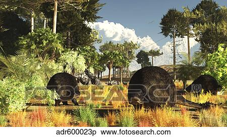 Prehistoric glyptodonts graze on grassy plains. View Large Illustration Stock Illustration - Prehistoric glyptodonts graze on grassy plains.. Fotosearch