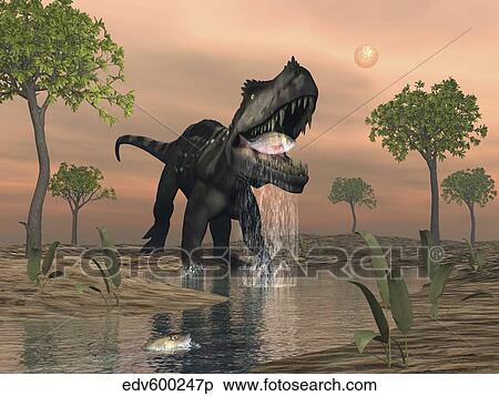 Stock Illustration - Prestosuchus dinosaur catches a fish out of water.. Fotosearch