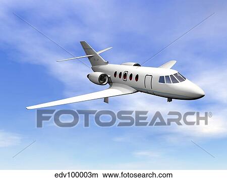 Private jet plane flying in cloudy blue sky. View Large Illustration Stock Illustration - Private jet plane flying in cloudy blue sky.. Fotosearch