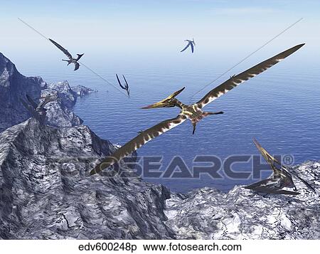 Pteranodon birds flying above coastal rocks on a beautiful day. View Large Illustration Stock Illustration - Pteranodon birds flying above coastal rocks on a beautiful day.. Fotosearch