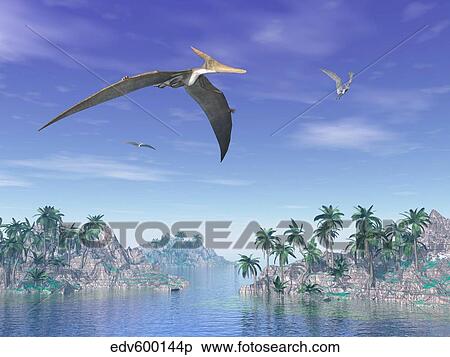 Pteranodon birds flying above islands with palm trees. View Large Illustration Stock Illustration - Pteranodon birds flying above islands with palm trees.. Fotosearch