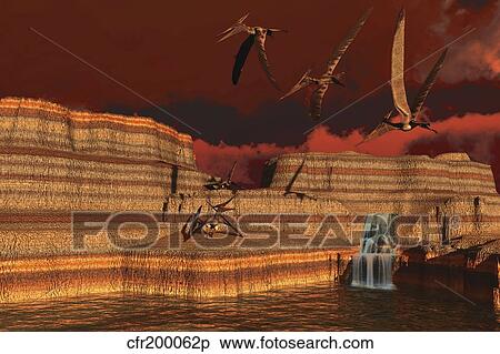 Pteranodon dinosaurs in a prehistoric landscape. View Large Illustration Stock Illustration - Pteranodon dinosaurs in a prehistoric landscape.. Fotosearch